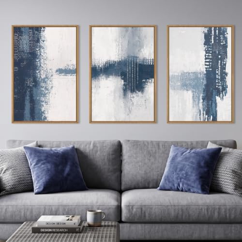 Abstract Navy Blue Grey Framed Canvas Wall Art Set-24"x36"x3 by Celestdeco