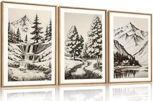 Vintage Sketch Pine Tree Mountain Framed Canvas Wall Art Set- 24"x36"x3 by HOURIA