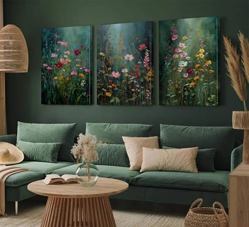 3Pcs Dark Green Floral Canvas Wall Art Moody Wildflowers Poster Prints Vintage - Image 2