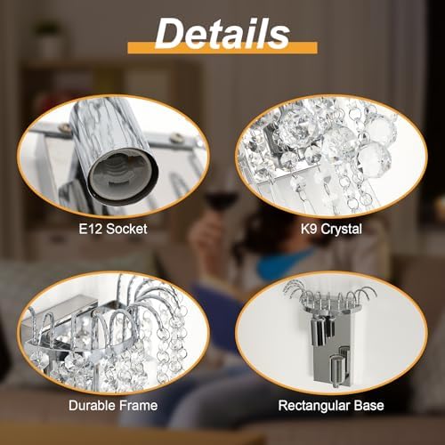 Goeco Crystal Wall Sconces, 11.8x7 Inch Chrome Wall Sconce Luxury Crystal Drops - Image 6