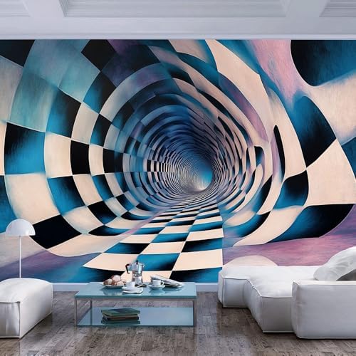 Blue Black White 3D Art Wall Mural Wallpaper Checkered Illusion Tunnel Op Art by Unknown