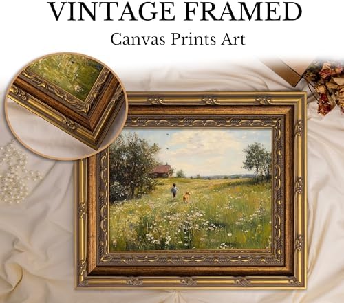 Vintage Gold Framed Wall Art Dog and Boy Landscape Painting Canvas Prints Retro - Image 7