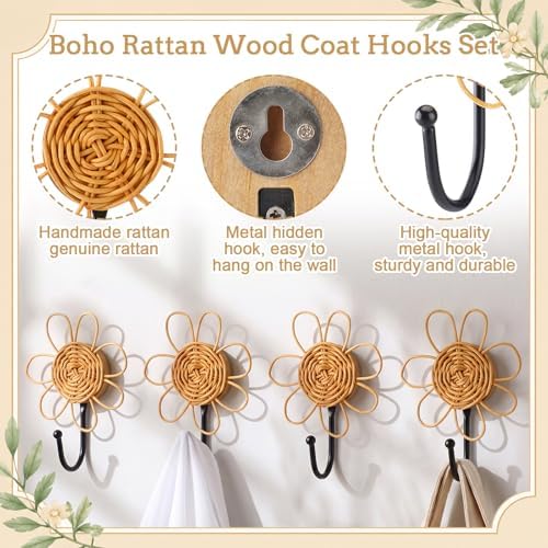 Colingmill 4 Pcs Boho Rattan Wall Hooks, Woven Towel Hooks Decor - Image 4
