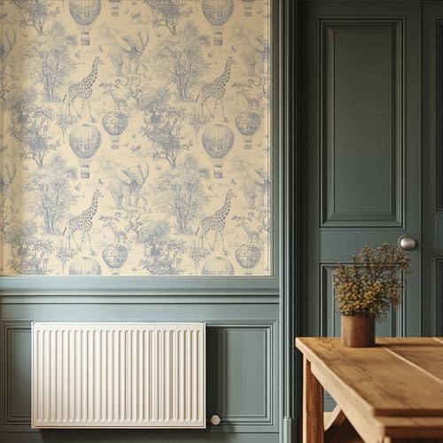 RollsRolla Blue Safari Toile Peel and Stick Wallpaper, Vintage Hot Air Balloon - Image 4
