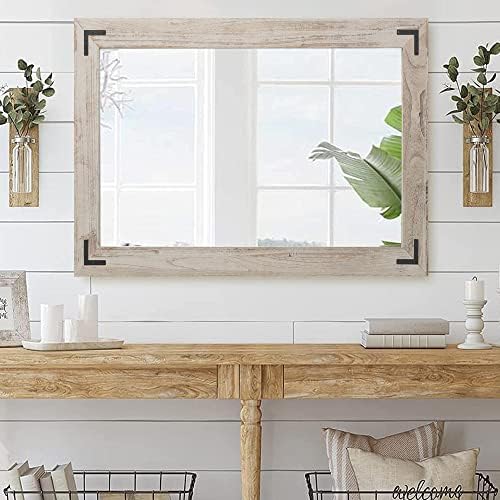 YOSHOOT Rustic Wooden Framed Wall Mirror, Natural Wood Bathroom Vanity Mirror - Image 5