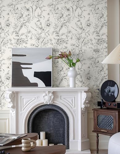 Hopepak Black and Cream White Wallpaper Floral Peel and Stick Wallpaper 17.3" x - Image 3