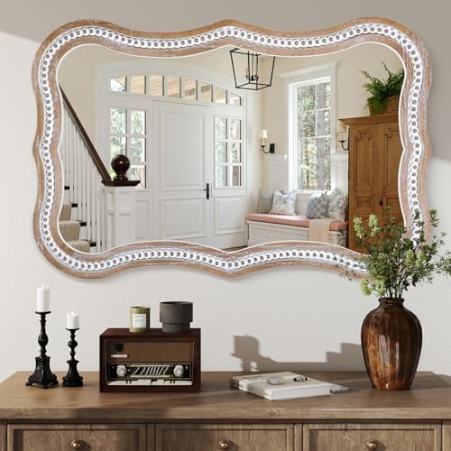 36x24 Inch Wavy Mirror for Wall Decor, Wooden Bathroom Decorative Mirrors - Image 2