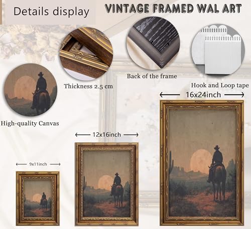 Vintage Gold Framed Western Wall art, Cowboy Riding Away Oil Painting Canvas - Image 3