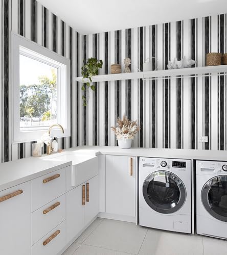Safiyya Black and White Wallpaper Peel and Stick Hand-Painted Striped Contact - Image 4
