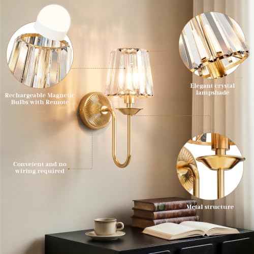 Gold Battery Operated Wall Sconces Set of Two, Crystal Wireless Rechargeable - Image 7
