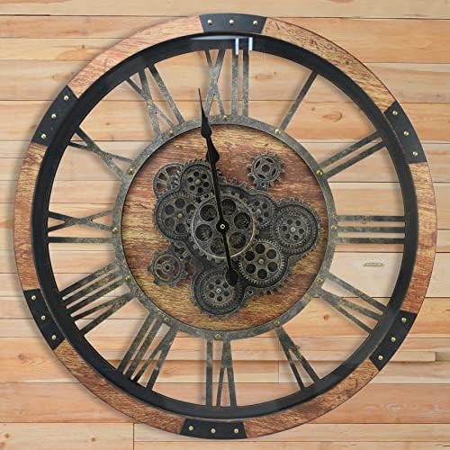 36'' Large Wall Clock Real Moving Gears Oversized Industrial Solid Wood Rusic by DORBOKER