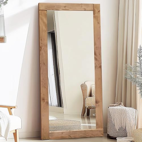 71x32in Full Length Mirror, Solid Wood Convex Frame, Light Brown by ABSWHLM