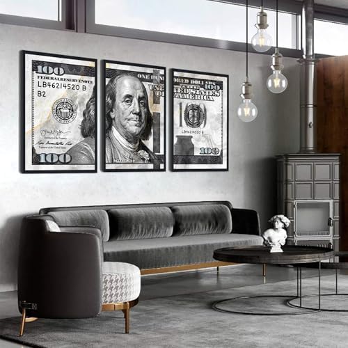 Black and White Canvas Wall Art Benjamin Franklin 100 Dollar Money Painting 3 - Image 2