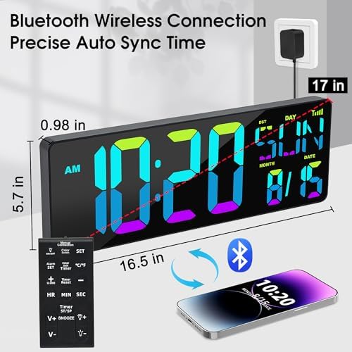 XREXS 17.2" Large Digital Wall Clock Bluetooth Sync - Image 2