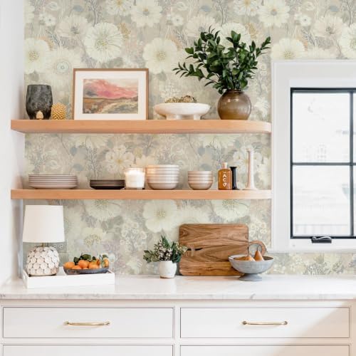 Ismoon Peel and Stick Wallpaper Floral Wallpaper 17.3in x 6.56ft Beige Neutral - Image 2