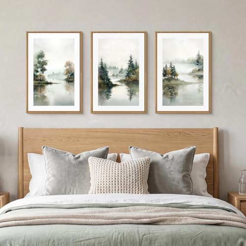 Large Foggy Forest Landscape Framed Canvas Wall Art Set, Natural Lake Scenery - Image 5