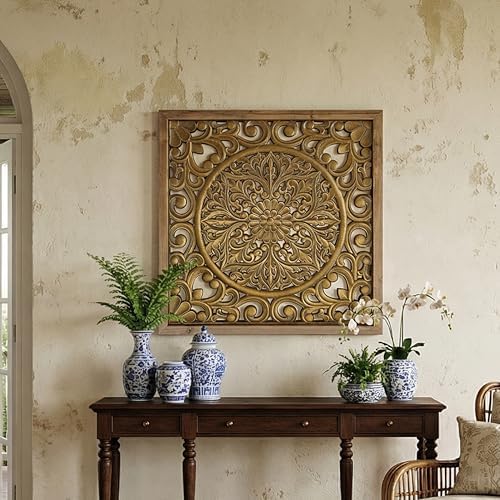 XIAOAIKA Boho Carved Wood Wall Art Panel, Floral Mandala, Distressed Gold - Image 6