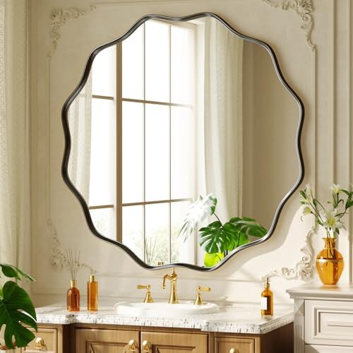 30" Decorative Scalloped Round Wall Mirror, Wavy Metal Deep Frame by Unknown