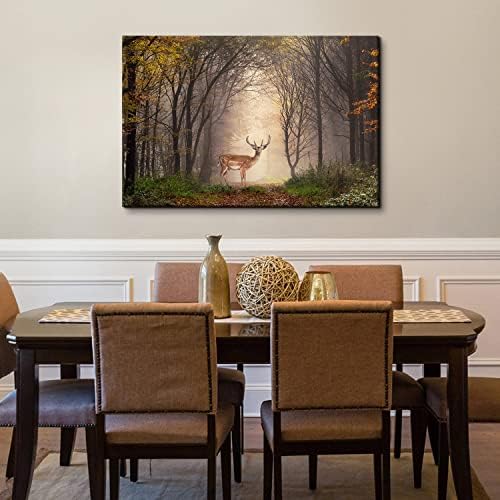 Wild Animal Landscape Canvas Wall Art Deer in Autumn Foggy Forest Picture Wall - Image 2