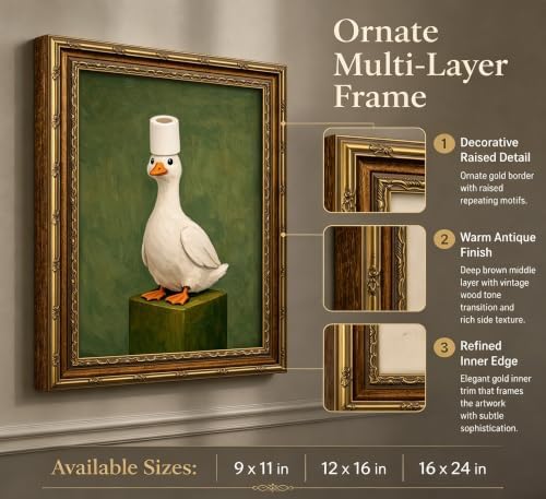 Vintage Gold Framed Duck Bathroom Wall Art, Retro Funny Goose Canvas Painting - Image 2
