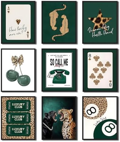 9Pcs Trendy Green Leopard Canvas Wall art, Fashion Cheetah Aesthetic Wall Decor by Unknown