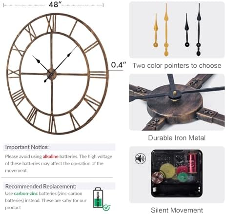 48 Inch Large Silent Wall Clock, Easy Assembly Roman Numeral Bronze - Image 2
