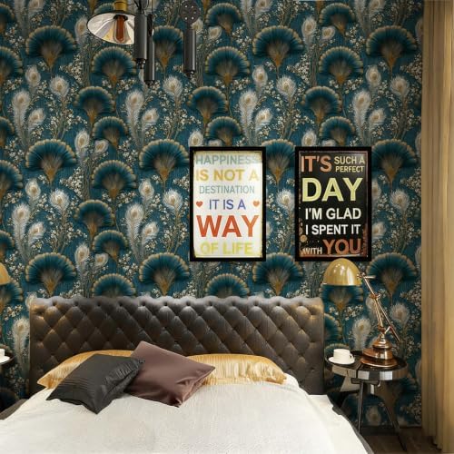 Stickorama Teal Gold Peacock Feather Floral Peel and Stick Wallpaper Self - Image 3