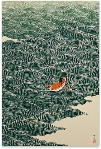 Vintage Japanese Canvas Wall Art Emerald Green Boat At Sea Posters Minimalist by Unknown