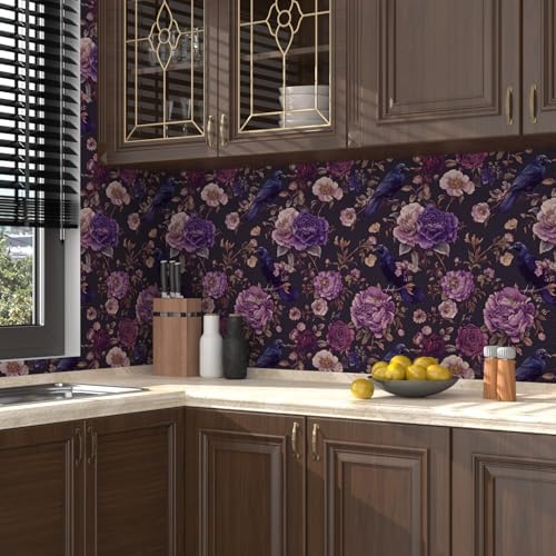 Laatse Gothic Dark Purple Crow Floral Wallpaper Peel and Stick 17.5"x787" - Image 4