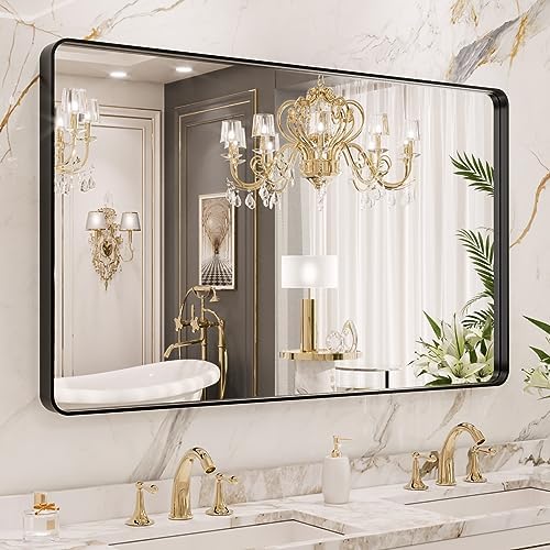 LOAAO 40X36 Inch Black Bathroom Mirror Metal Framed by LOAAO
