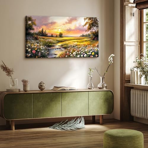 crmotu Nature Landscape Wall Art, Sunset Wildflowers Pictures 20X40 In - Image 3