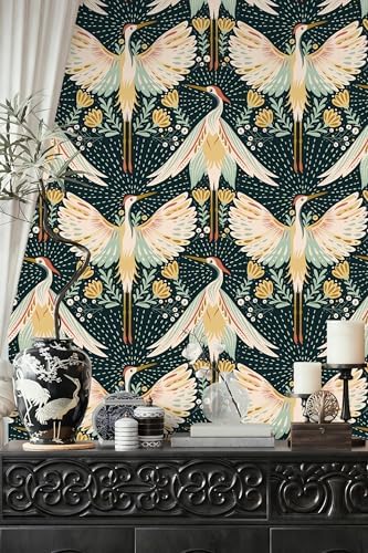 HAOKHOME Crane Bird Wallpaper Peel and Stick Navy Boho Chinoiserie Japanese - Image 2