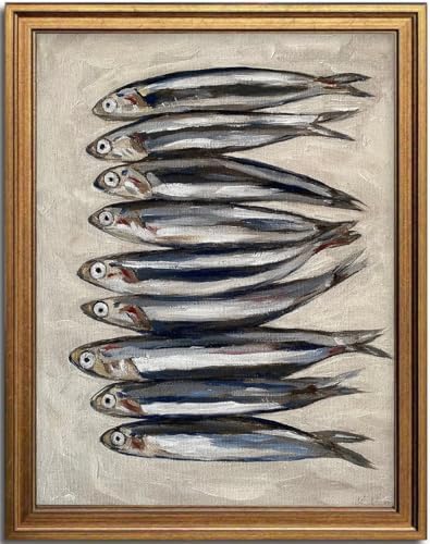 KBKBART Gold Framed Sardine Wall Art, Coastal Fish Canvas Prints 12x16in by KBKBART