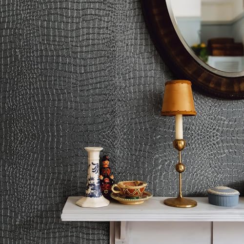 Simon&Siff Black Peel and Stick Wallpaper 17.3"x236" Crocodile Embossed - Image 2