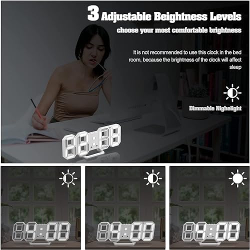 3D LED Digital Wall Desk Alarm Clock 9.5 Inch, 3 Brightness 12/24H Temp White - Image 3