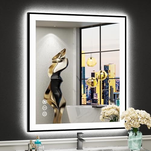 28x32 Black LED Bathroom Mirror, Backlit & Front Lit Lighted Mirror by Awandee