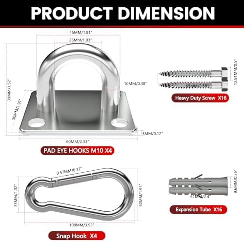 sprookber 304 Stainless Steel Pad Eye Snap Hook, M10 Ceiling Hook 1700Lb - Image 4