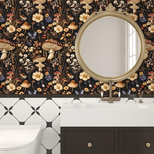 BOKEBEVE Mushoroom Wallpaper Peel and Stick Boho Black Brown 17.5 x 393.5In - Image 5