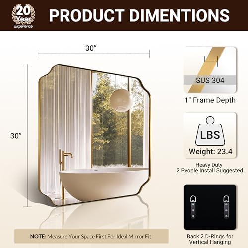 ANDY STAR 30"x30" Square Bathroom Mirror, Brushed Gold Scalloped Mirror - Image 2