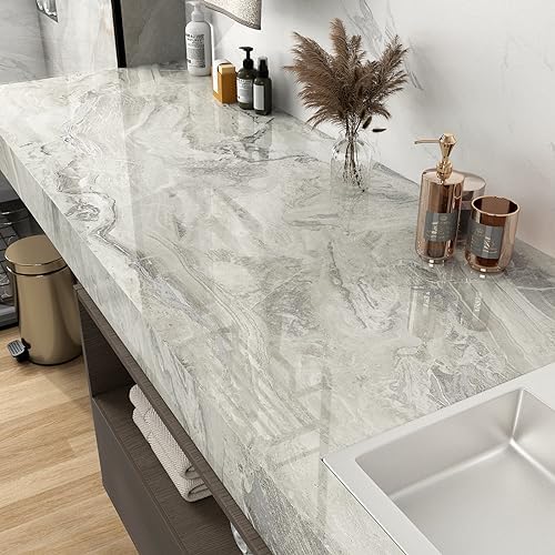 Glossy Silver/Beige Marble Countertop Contact Paper 24''x118'' Shiny Peel and - Image 5