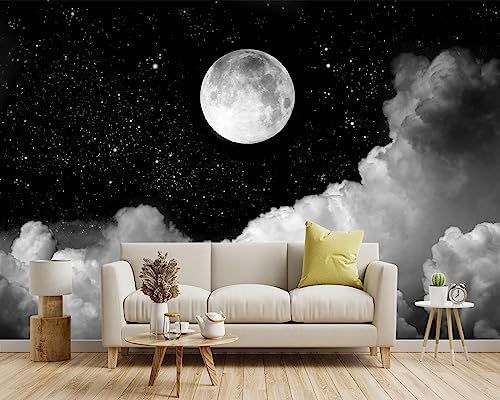 -Gray Galaxy Universe Moon Fabric Wallpaper Ceiling Starry Night White Clouds - Image 2