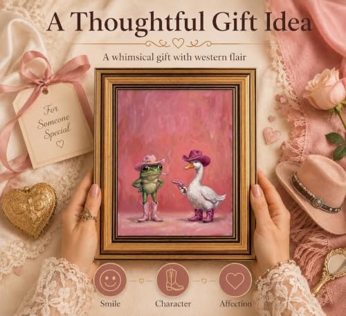 Gold Framed 3D Textured Wall Art, Funny Pink Cowboy Frog and Duck Canvas Prints - Image 3