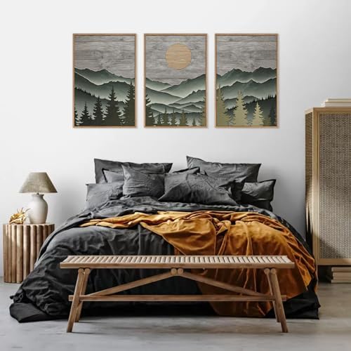 HLNIUC Mountain Framed Canvas Wall Art, Large Green Forest Woodcut Wall Decor - Image 5