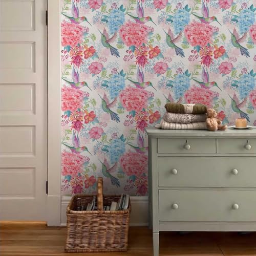 Vintage Pink Hydrangea Floral Hummingbird Birds Flower Peel and Stick Wallpaper - Image 3