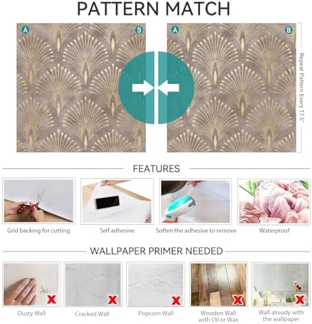 Art Deco Peel and Stick Wallpaper Peacock Feather Geometric Vintage Elegant - Image 6