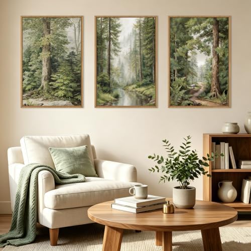 HLNIUC Green Misty Forest Framed Canvas Wall Art, Large Vintage Rainforest Path - Image 4