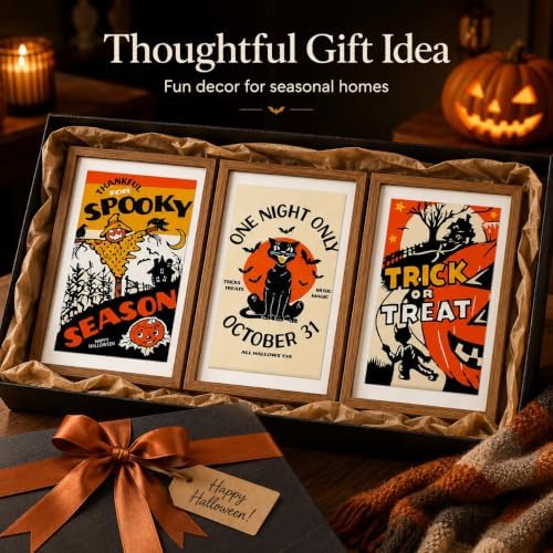 3Pcs Framed Vintage Black Cat Trick or Treat Halloween Wall Art 8x10inch - Image 5