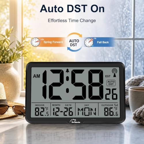 WallarGe Atomic Clock with Backlit, Indoor Outdoor Temp, Battery Operated - Image 5