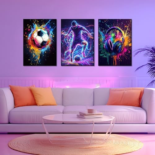3PCS Soccer Canvas Wall Art Neon Color Splash wall decor pictures - Image 3