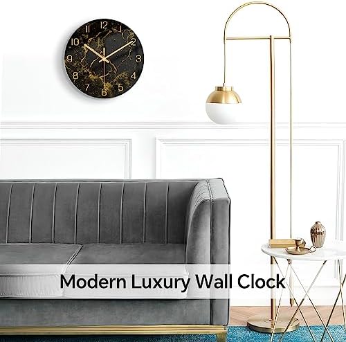 VIKMARI 12" Black Gold Marble Silent Wall Clock Bathroom Living Room Decor - Image 3